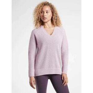 Athleta Hanover Sweater V-Neck Merino Wool Blend Lilac Purple Ribbed Sweater
